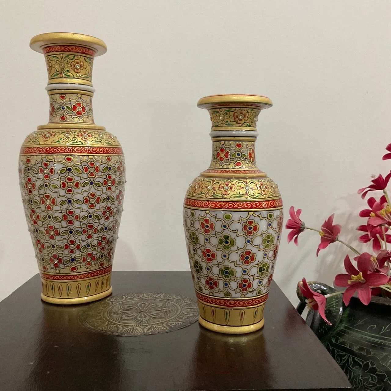 12 Inches & 9 Inches Decorative Flower Marble Pot (Set of 2) - Home Decor