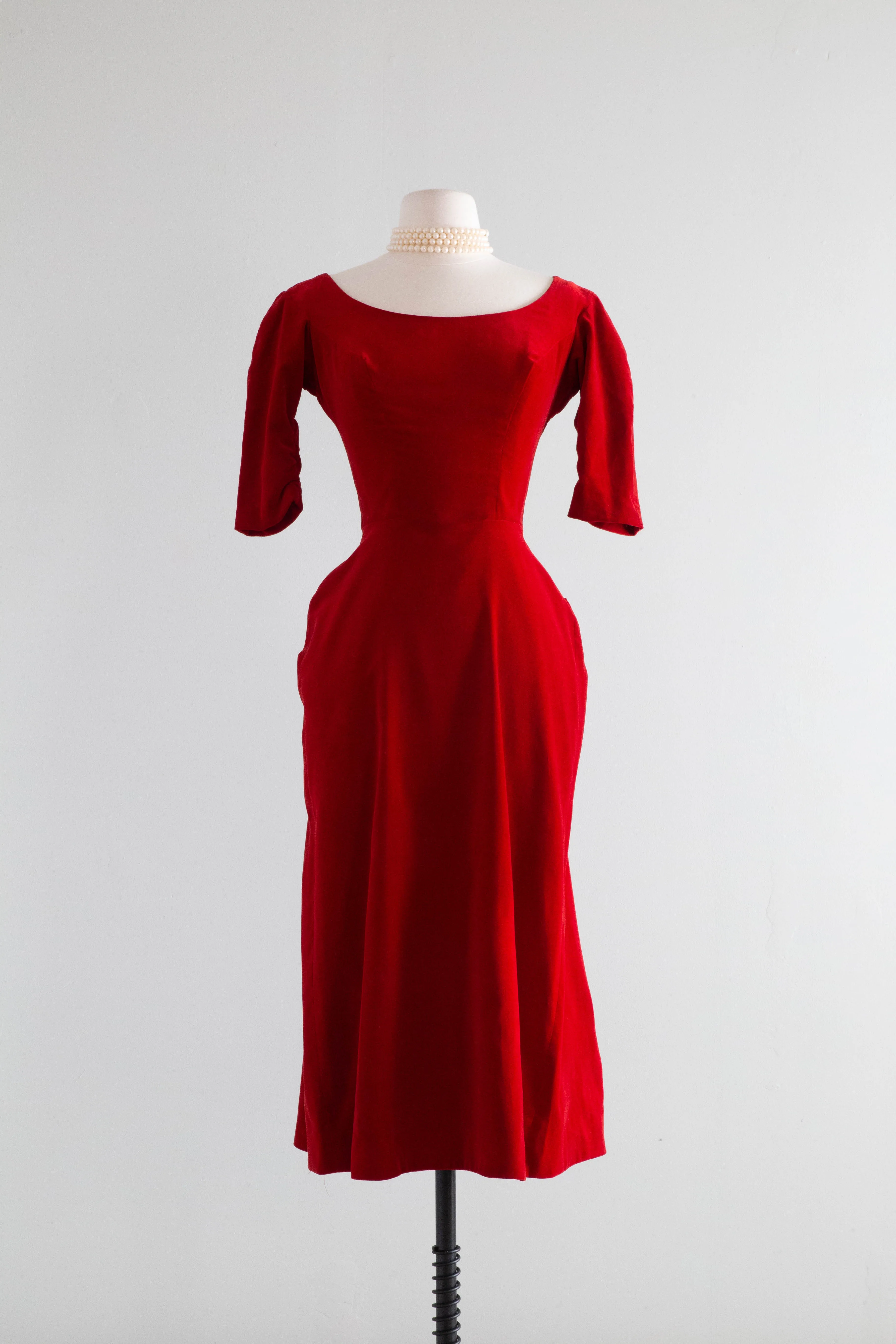 1950's Crimson Red Velvet Cocktail Dress With Bow Back / XS