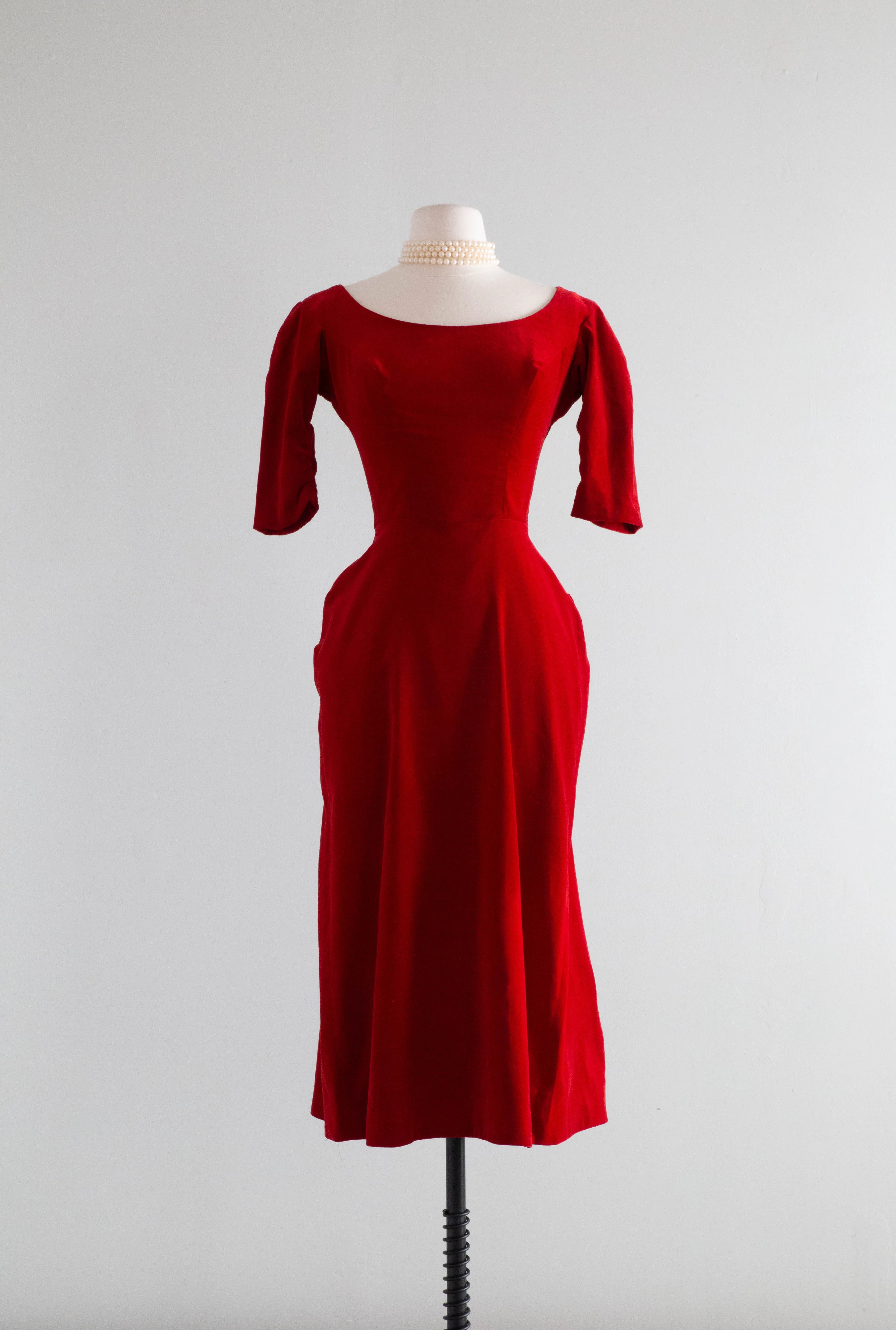 1950's Crimson Red Velvet Cocktail Dress With Bow Back / XS