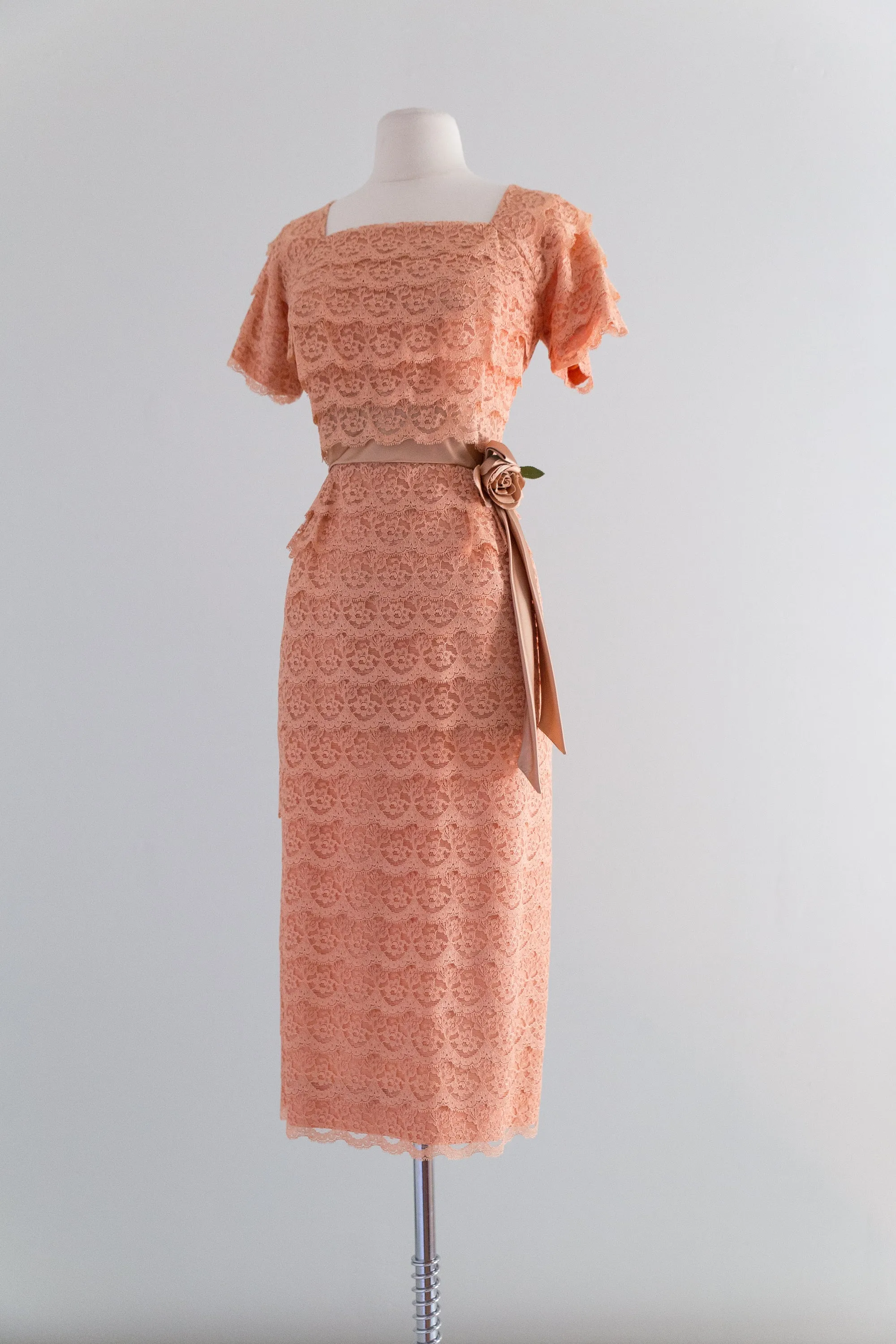 1950's DuBarry Tiered Autumn Blush Cocktail Dress / Waist 28"