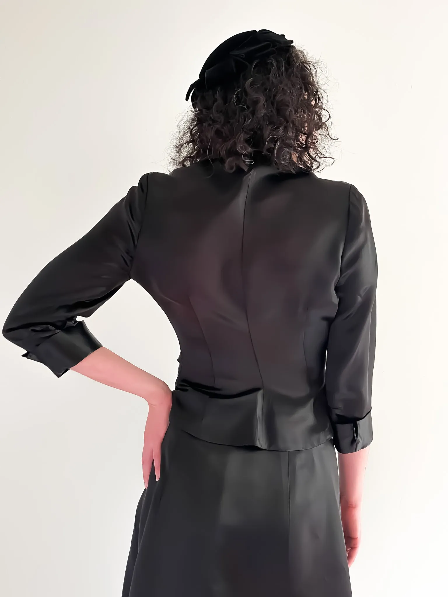 1950's Femme Fatale Black Two Piece Black Satin Cocktail Suit / Sz XS