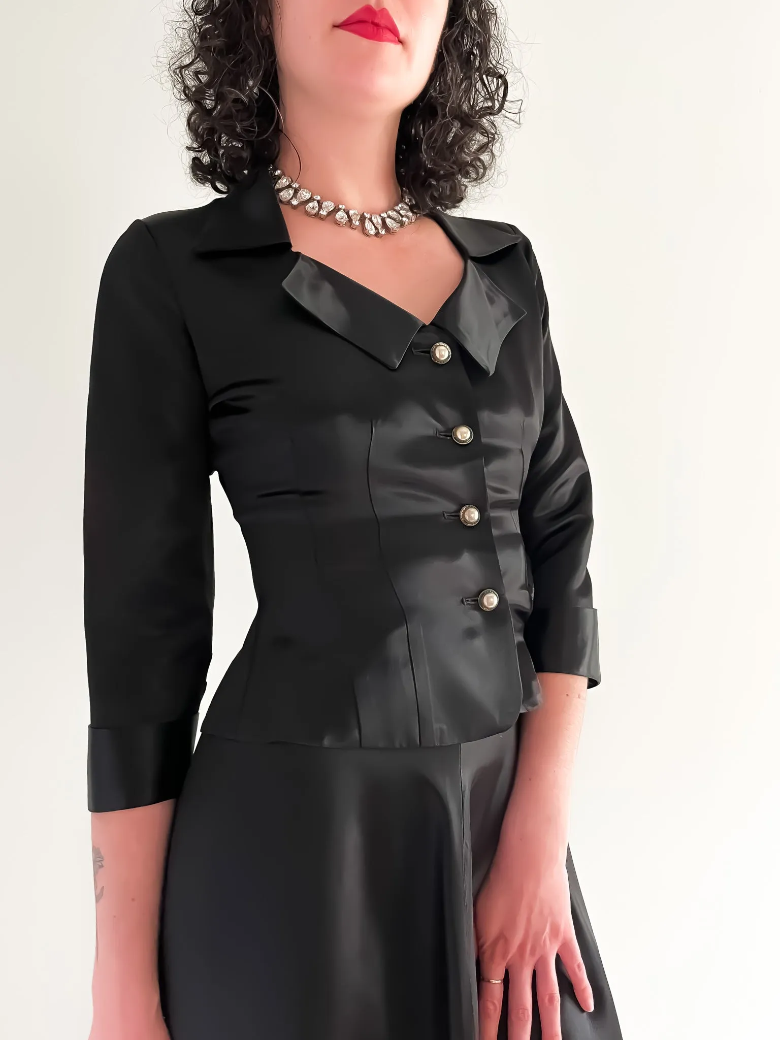 1950's Femme Fatale Black Two Piece Black Satin Cocktail Suit / Sz XS