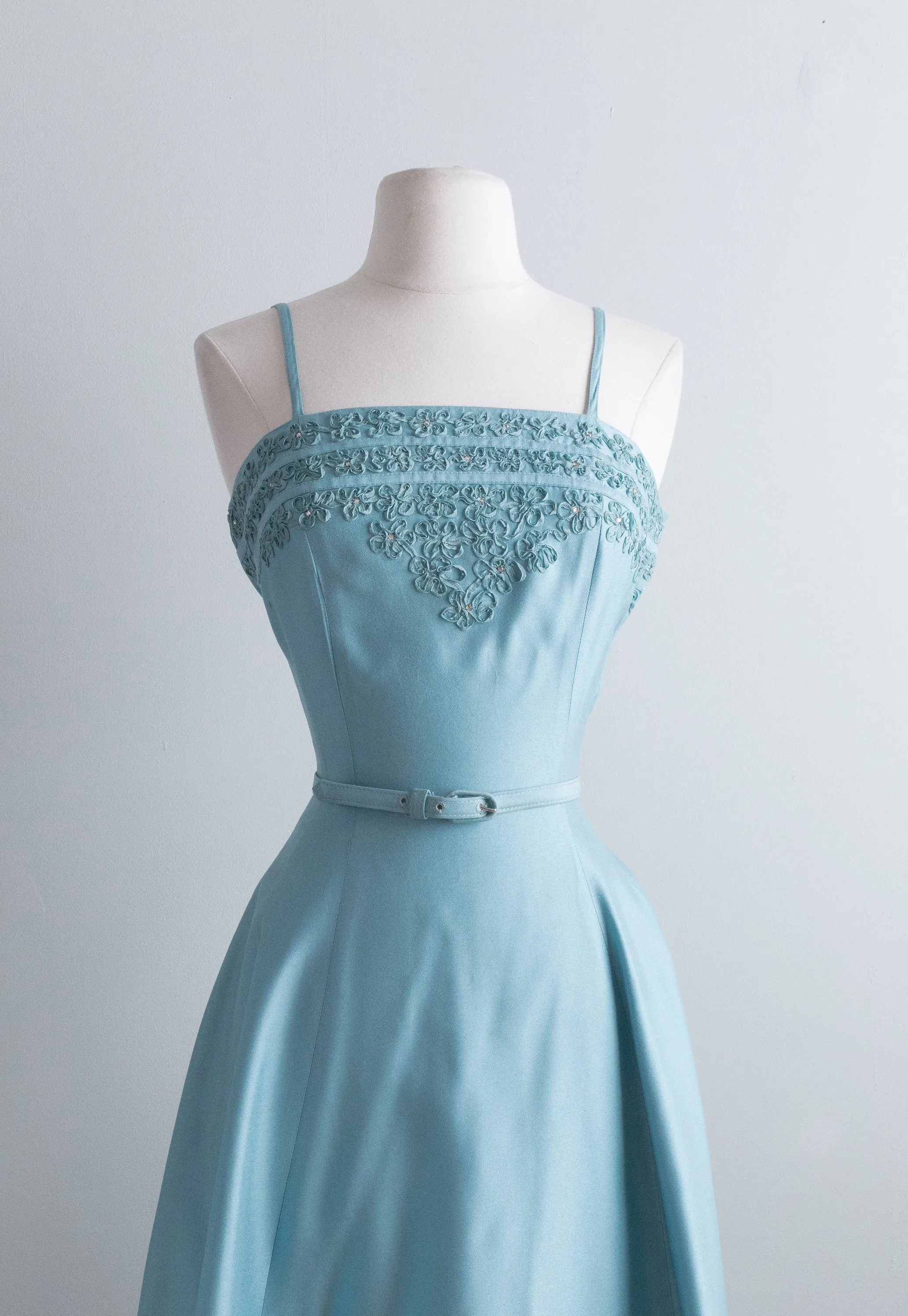 1950's Icicle Blue Party Dress With Rhinestones & Soutache By Minx Modes / Waist 26