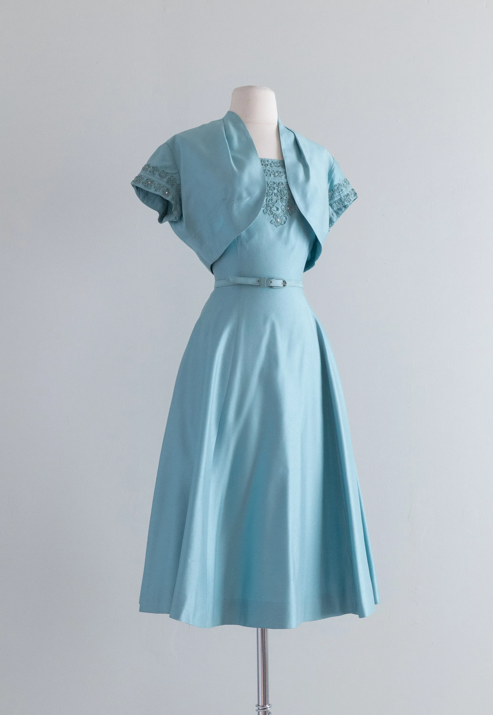 1950's Icicle Blue Party Dress With Rhinestones & Soutache By Minx Modes / Waist 26