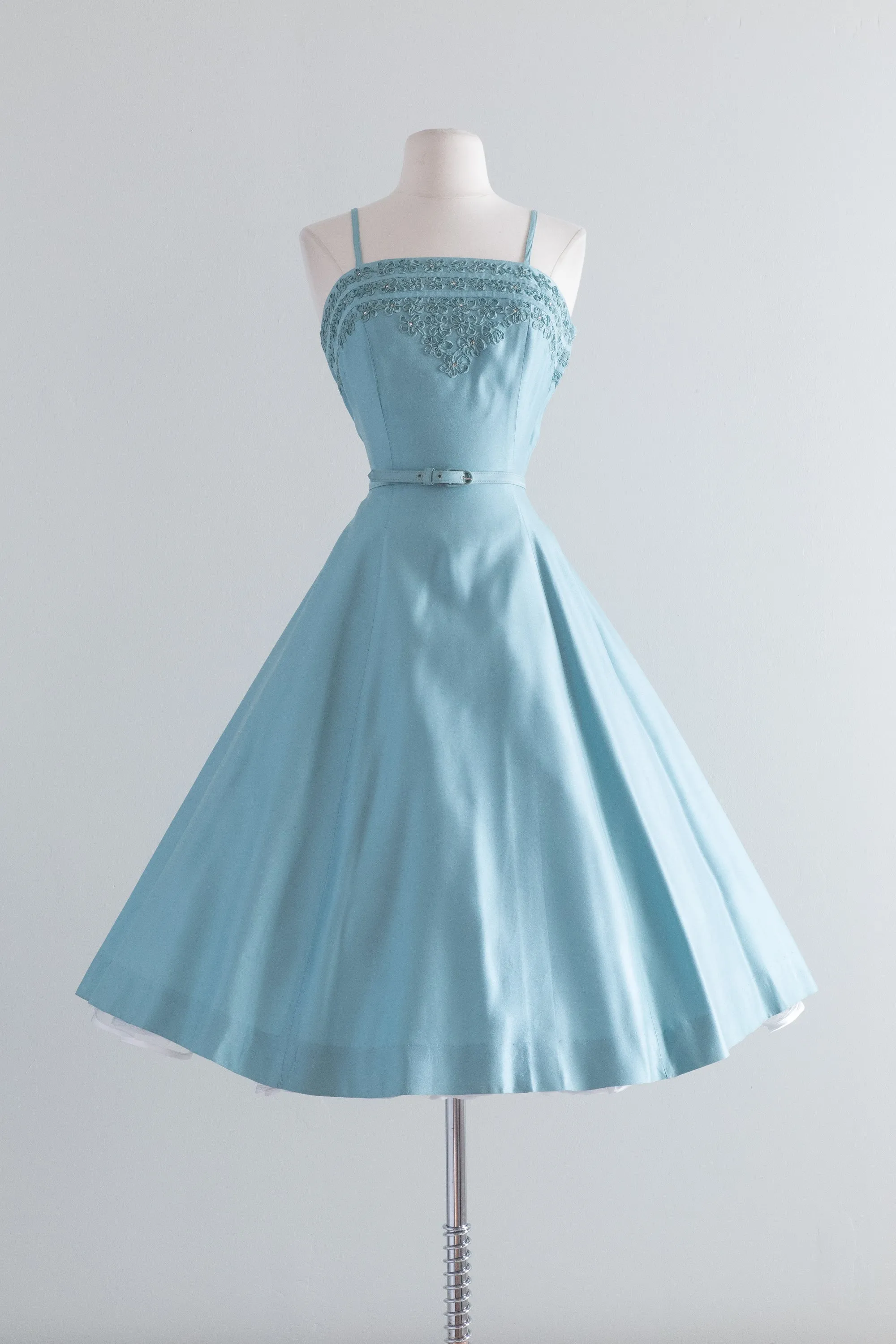 1950's Icicle Blue Party Dress With Rhinestones & Soutache By Minx Modes / Waist 26