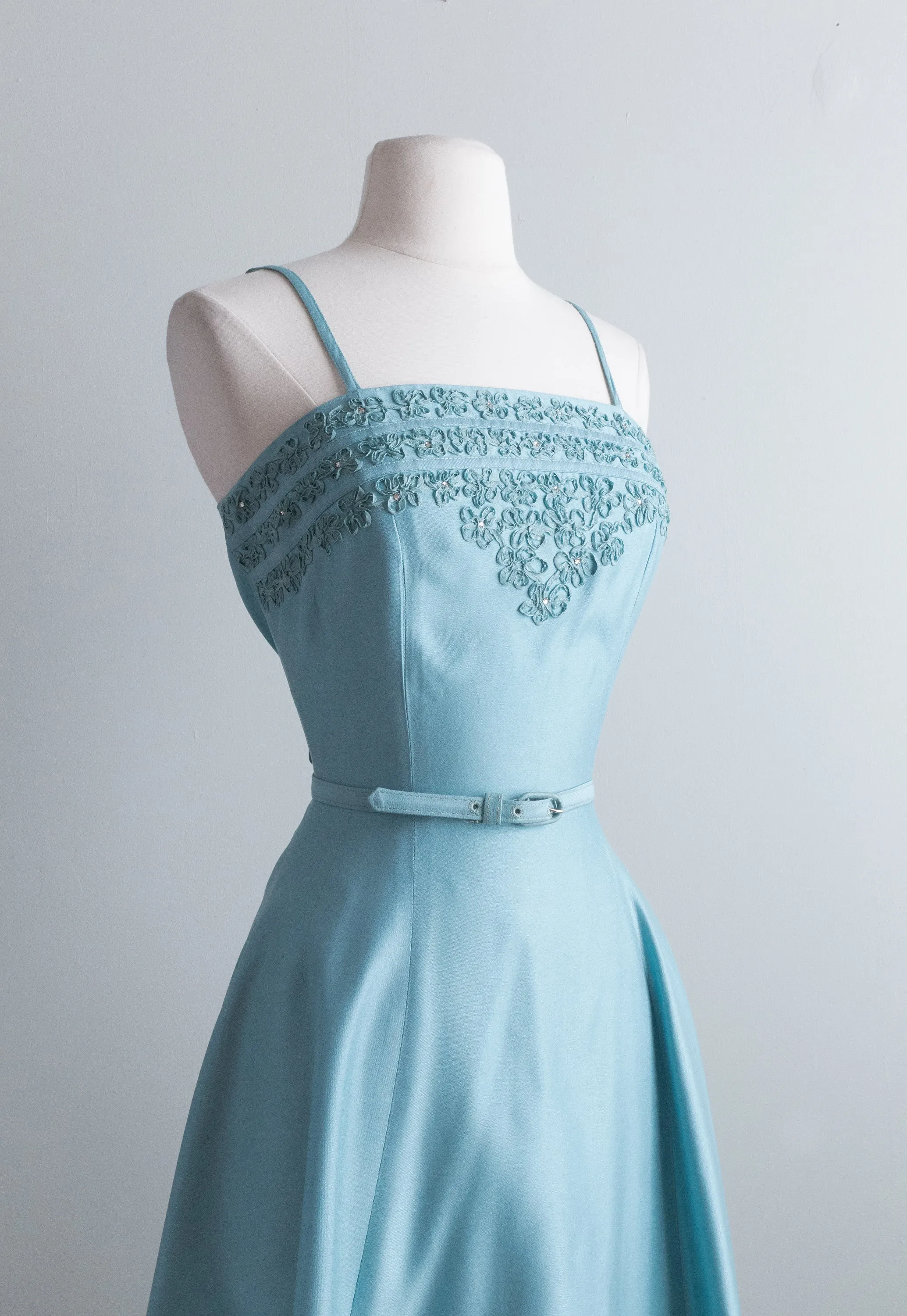 1950's Icicle Blue Party Dress With Rhinestones & Soutache By Minx Modes / Waist 26