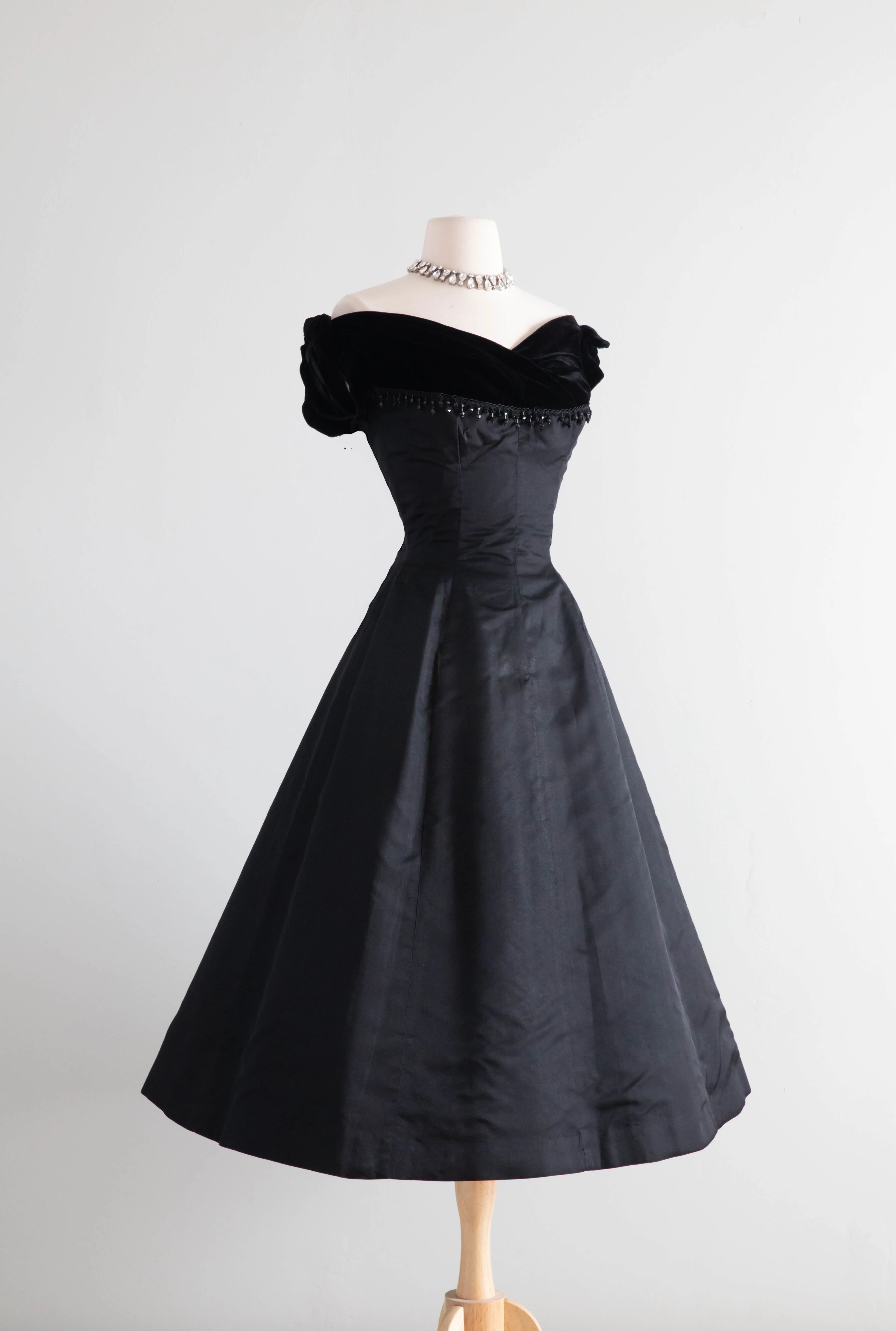 1950's Madame X Jet Black Velvet & Silk Cocktail Dress With Crystals / Small