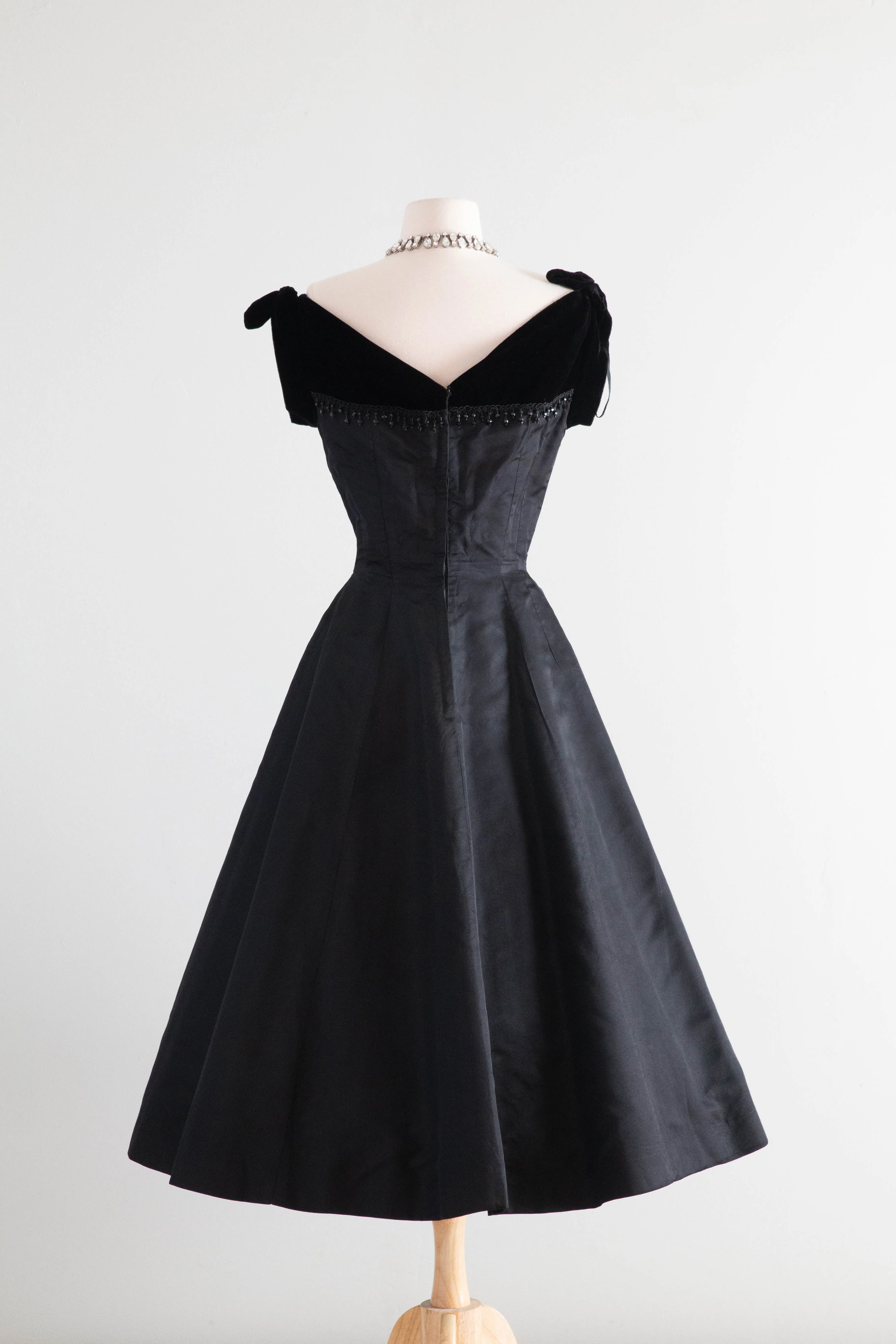 1950's Madame X Jet Black Velvet & Silk Cocktail Dress With Crystals / Small