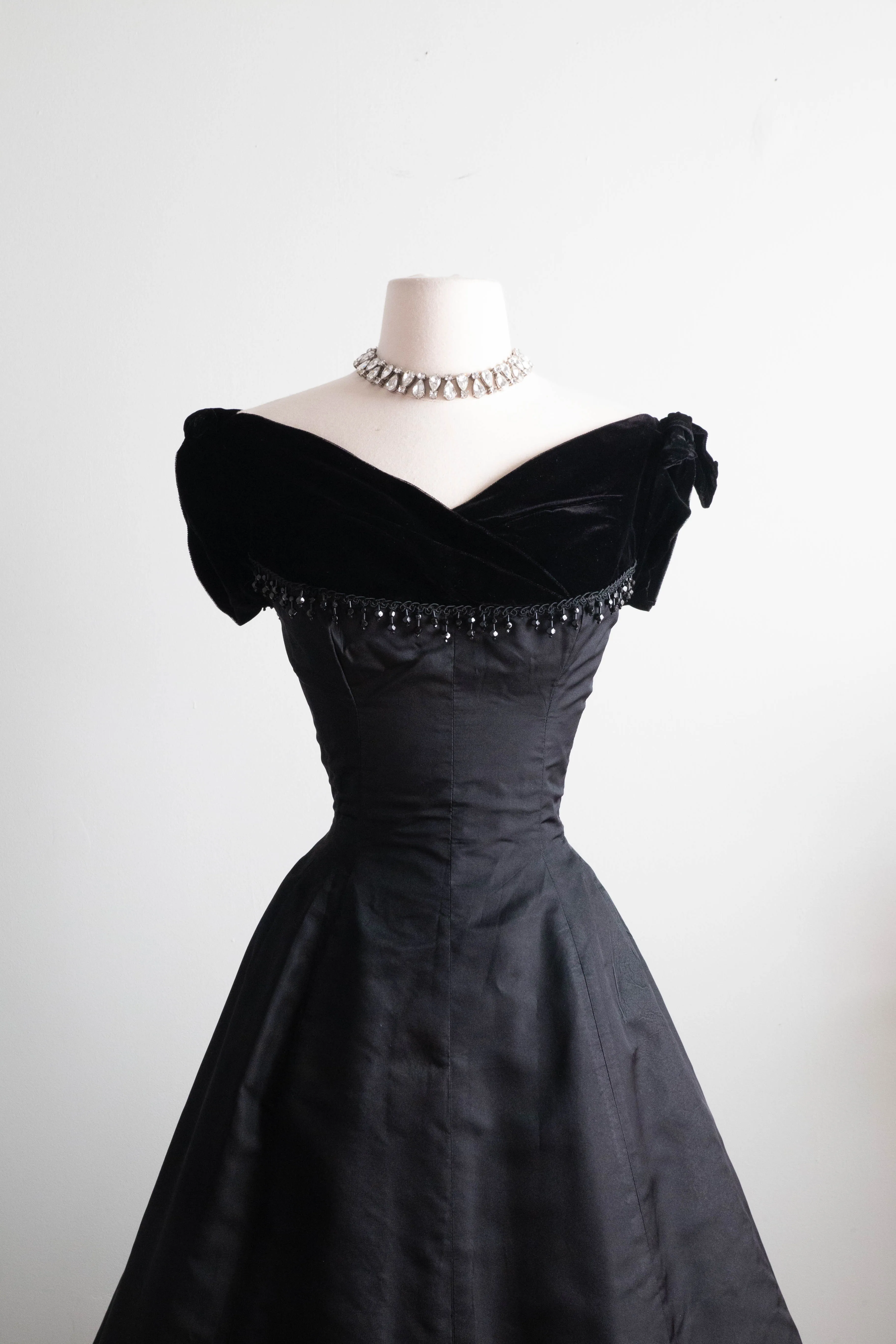 1950's Madame X Jet Black Velvet & Silk Cocktail Dress With Crystals / Small