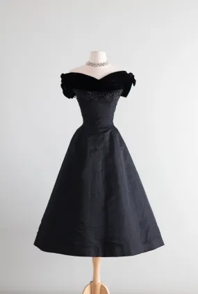 1950's Madame X Jet Black Velvet & Silk Cocktail Dress With Crystals / Small