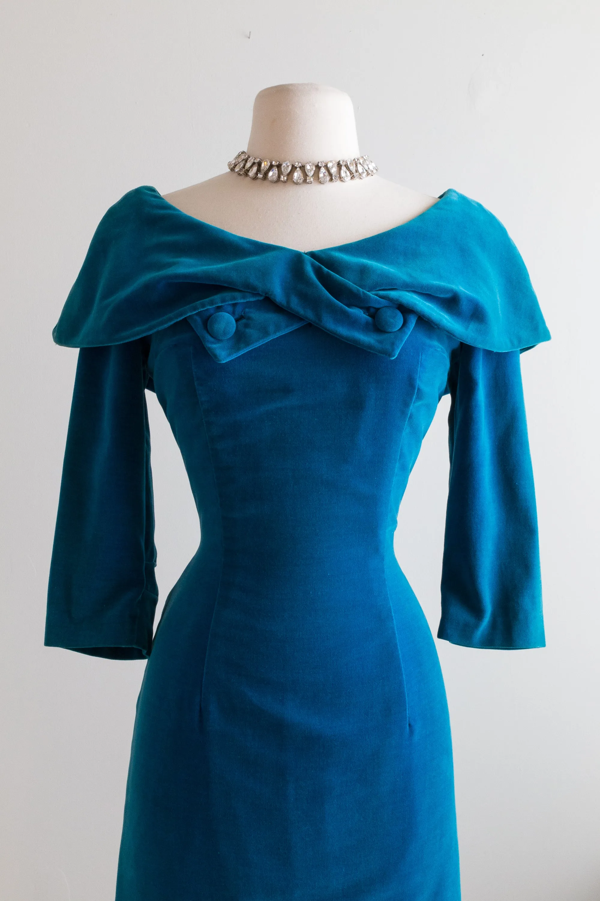 1950's Suzy Perette Aqua Velvet Wiggle Dress / Small