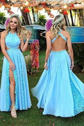 2017 Charming Baby Blue Prom Dresses,Halter Split Prom Dress with Lace,SVD428