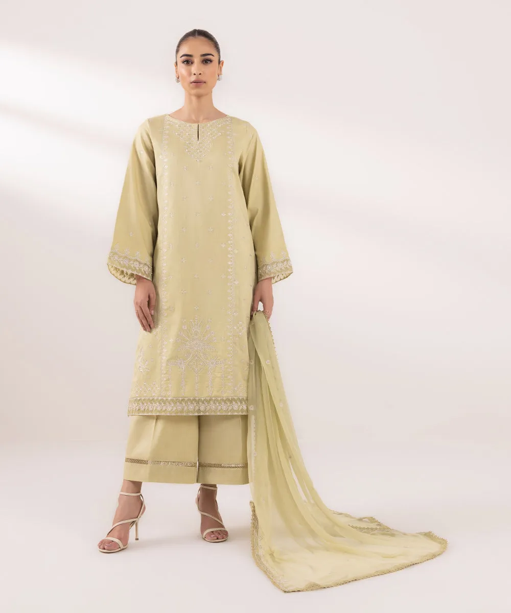 3 Piece - Embroidered Cotton Satin Suit