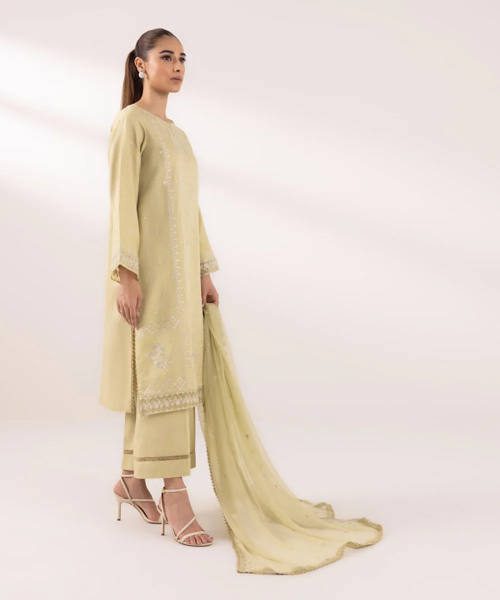 3 Piece - Embroidered Cotton Satin Suit