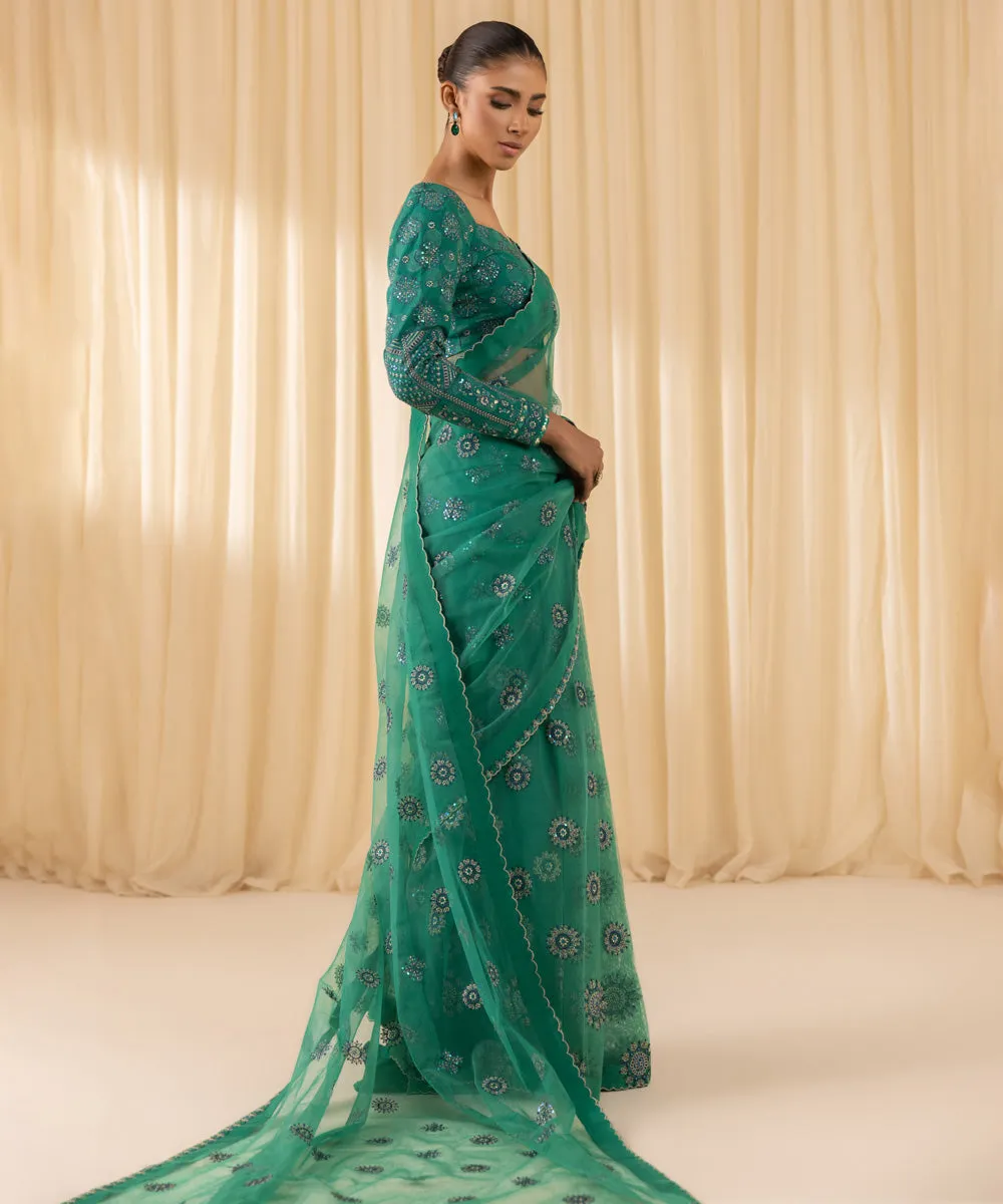 3 Piece -  Embroidered Net Saree