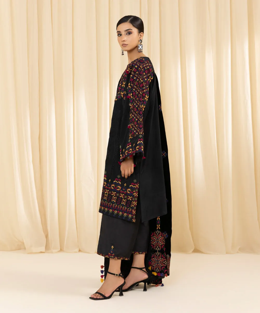 3 Piece -  Embroidered Raw Silk Suit