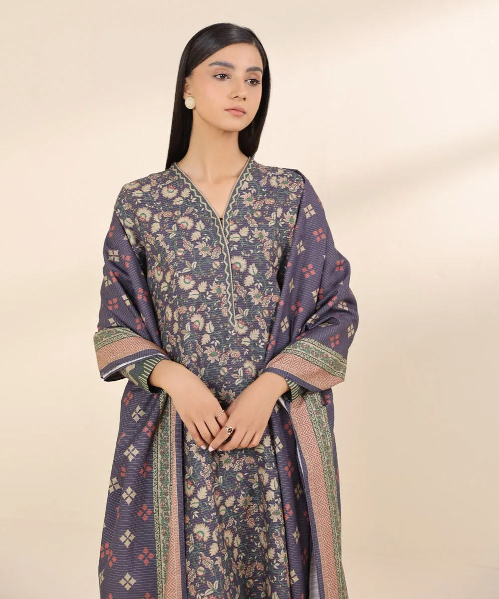 3 Piece - Printed Zari Khaddar Suit