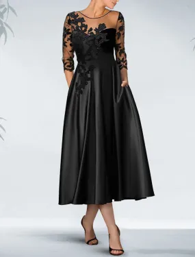 A-Line Cocktail Black Dress Plus Size Appliques Elegant Dress Fall Wedding Guest Dress For Mother Knee Length 3/4 Length Sleeve Off Shoulder Pocket Satin with Beading Pocket