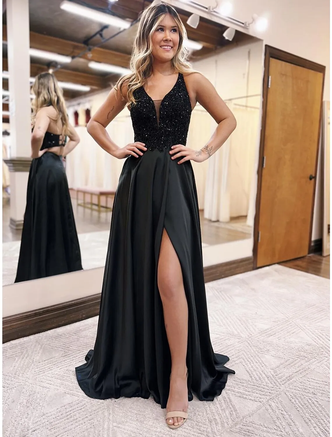 A-Line Evening Gown Empire Dress Formal Prom Floor Length Sleeveless V Neck Pocket Satin Backless with Beading Appliques