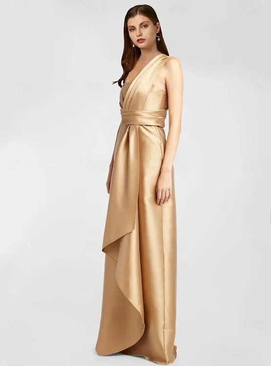 A-Line Evening Gown Formal Floor Length Sleeveless One Shoulder Pocket Satin with Ruffles