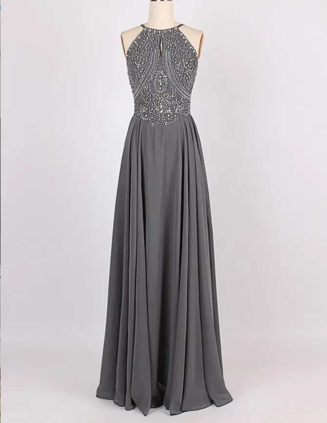 A-Line Halter Sleeveless Long Cheap Backless Grey Chiffon Prom Dresses with Beading, TYP1291