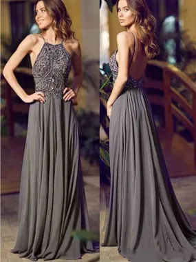 A-Line Halter Sleeveless Long Cheap Backless Grey Chiffon Prom Dresses with Beading, TYP1291