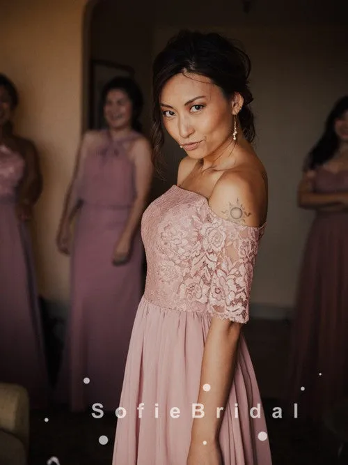 A-Line Off The Shoulder Chiffon Bridesmaid Dresses With Lace,SFWG0008