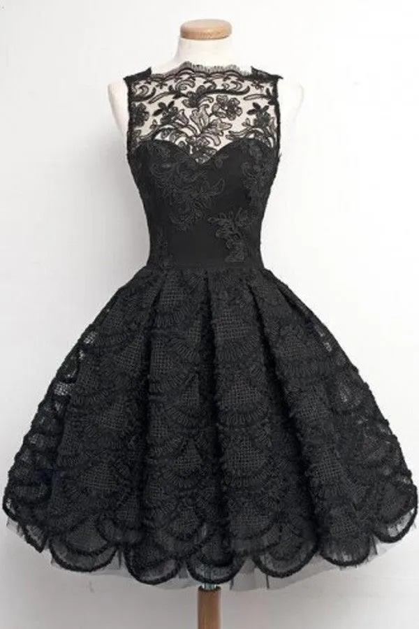 A-Line Sleeveless Scalloped-Edge Vintage Black Lace Prom Homecoming Dress, SH35