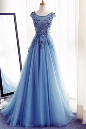 A-Line Tulle Sleeveless Appliques Long Prom Dresses,Cheap Evening Dresses, M38