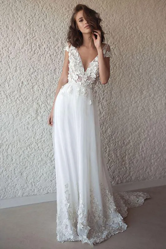 A-line V-neck Cap Sleeves Chiffon Beach Wedding Dress With Appliques OW548