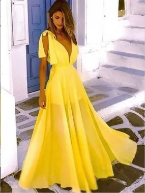 A-Line V-Neck Low Cut Long Cheap Yellow Chiffon Prom Party Dresses Online, TYP1294