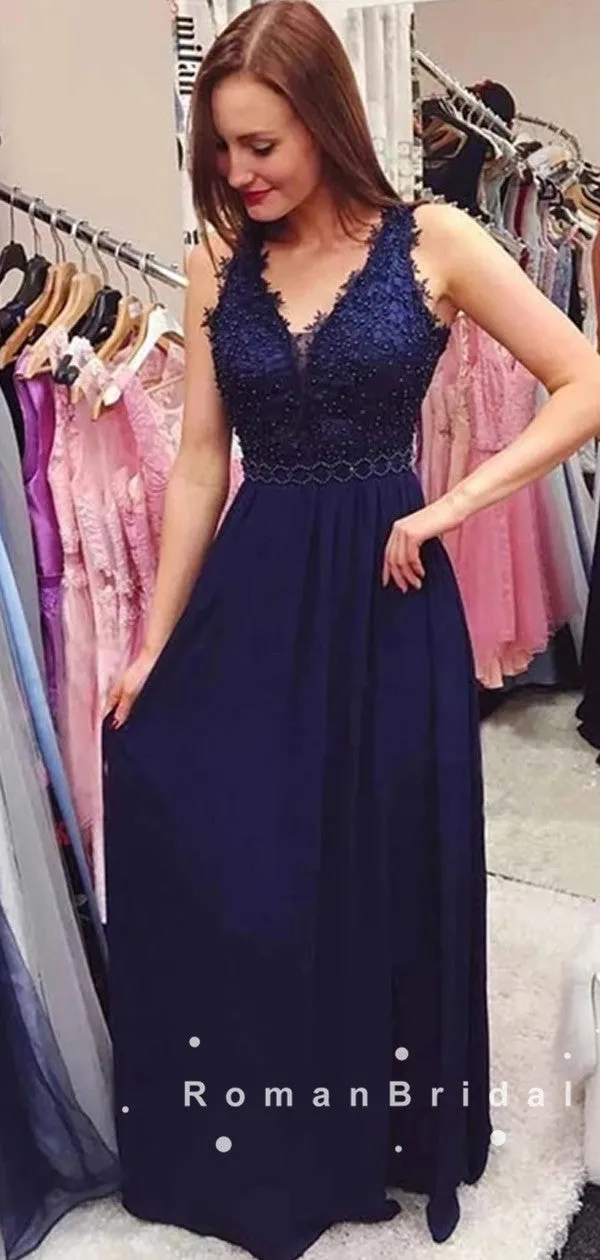 A-Line V-Neck Sleeveless Navy Blue Chiffon Lace Long Prom Dresses With Beading,RBPD0036