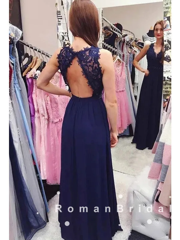 A-Line V-Neck Sleeveless Navy Blue Chiffon Lace Long Prom Dresses With Beading,RBPD0036