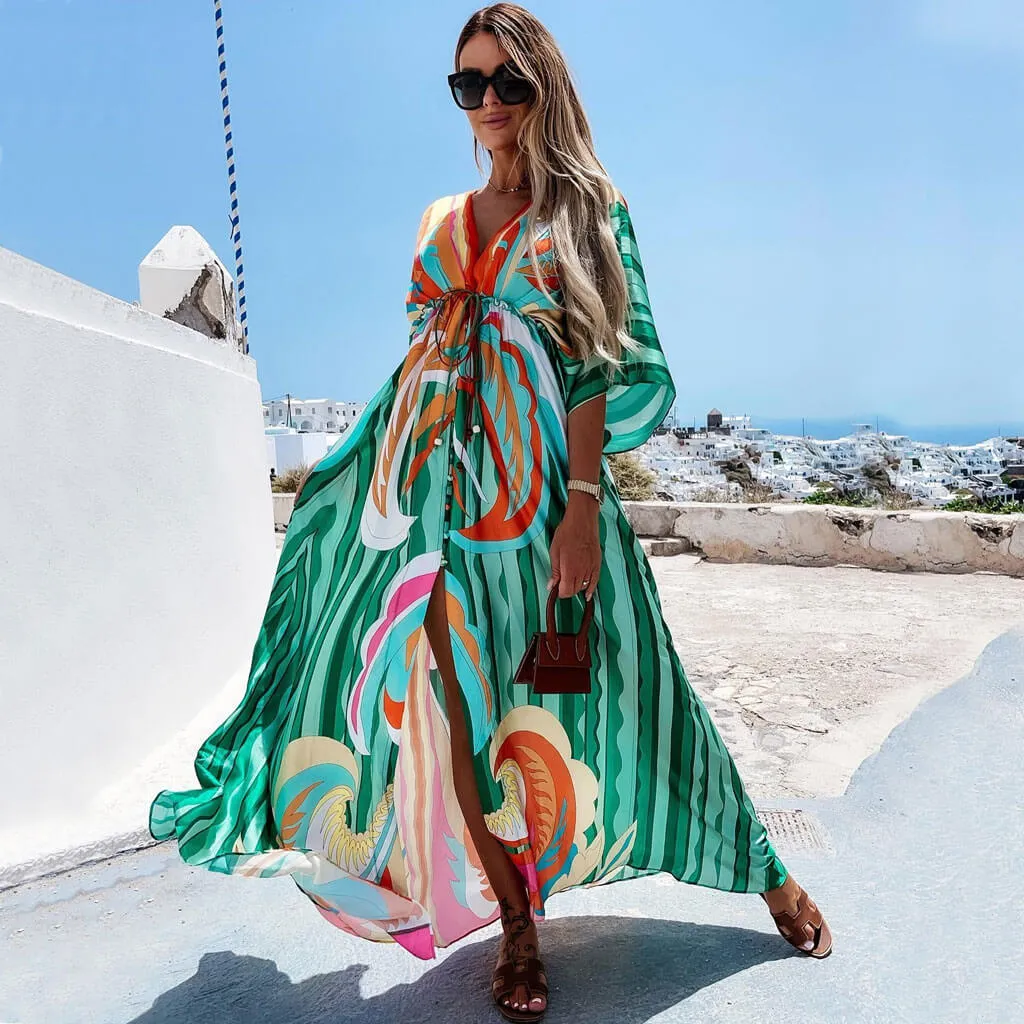 Abstract Print Belted Button Down V Neck Maxi Dress - Green