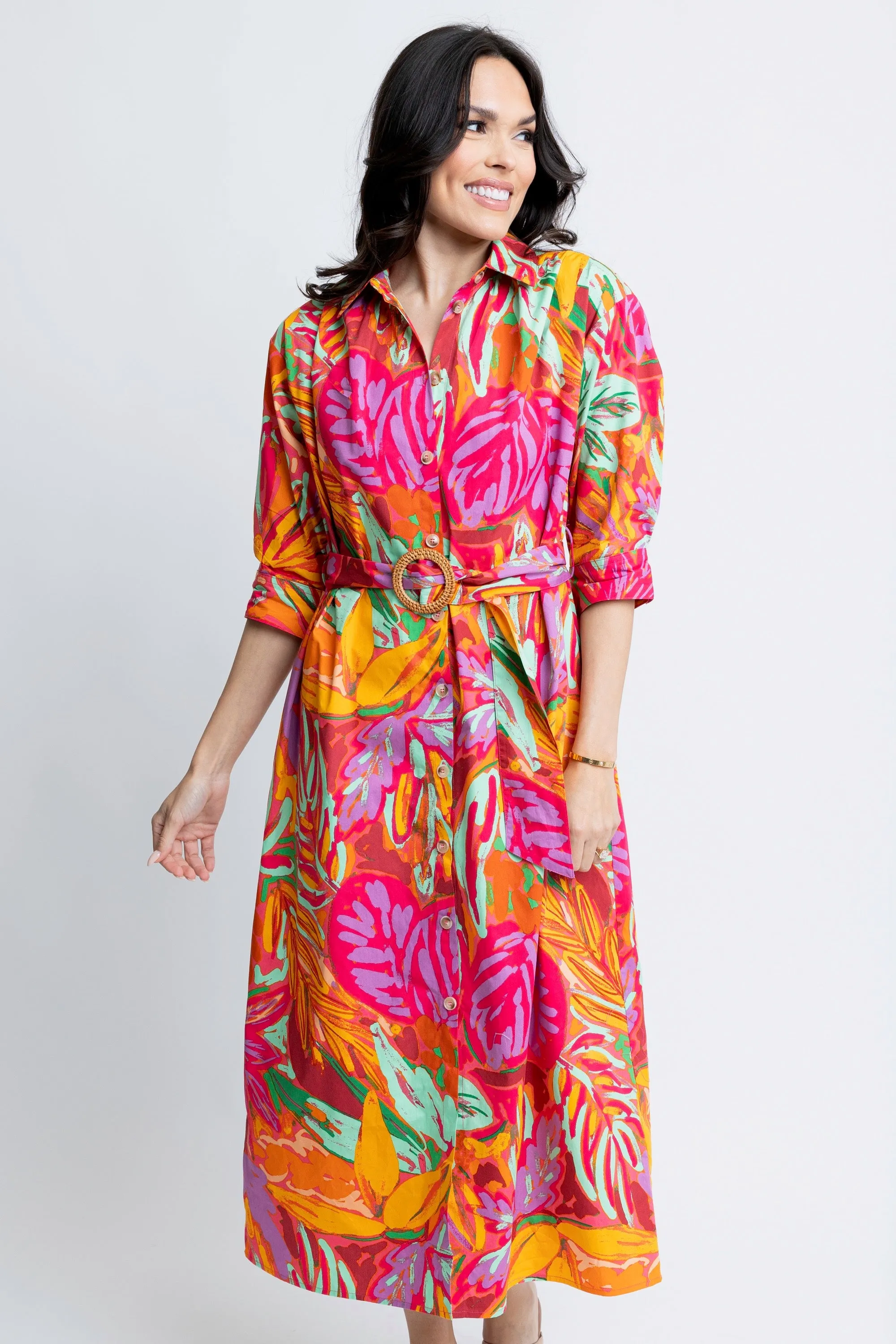 ABSTRACT TROPICAL PALM SHIRT DRESS