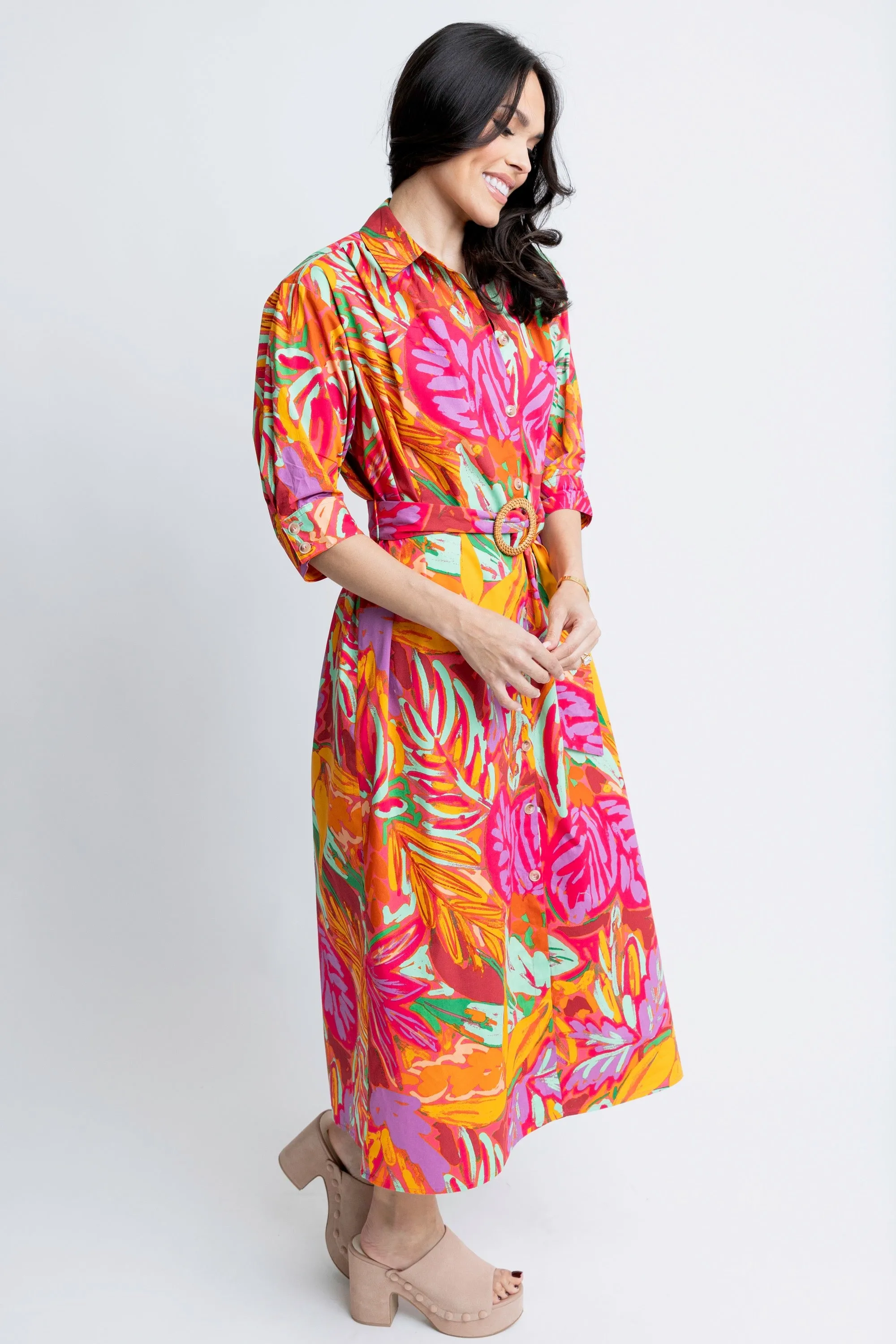 ABSTRACT TROPICAL PALM SHIRT DRESS