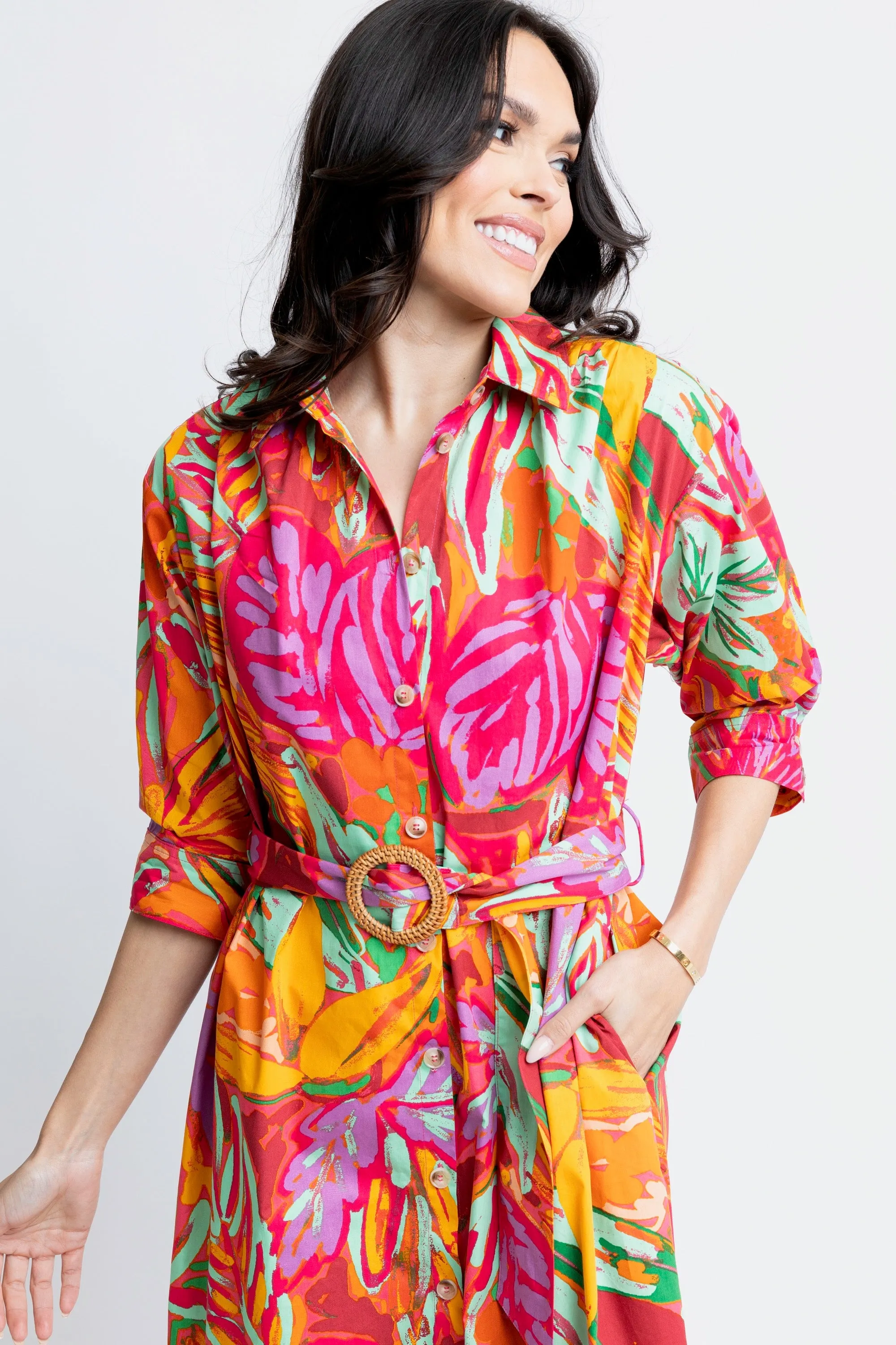 ABSTRACT TROPICAL PALM SHIRT DRESS