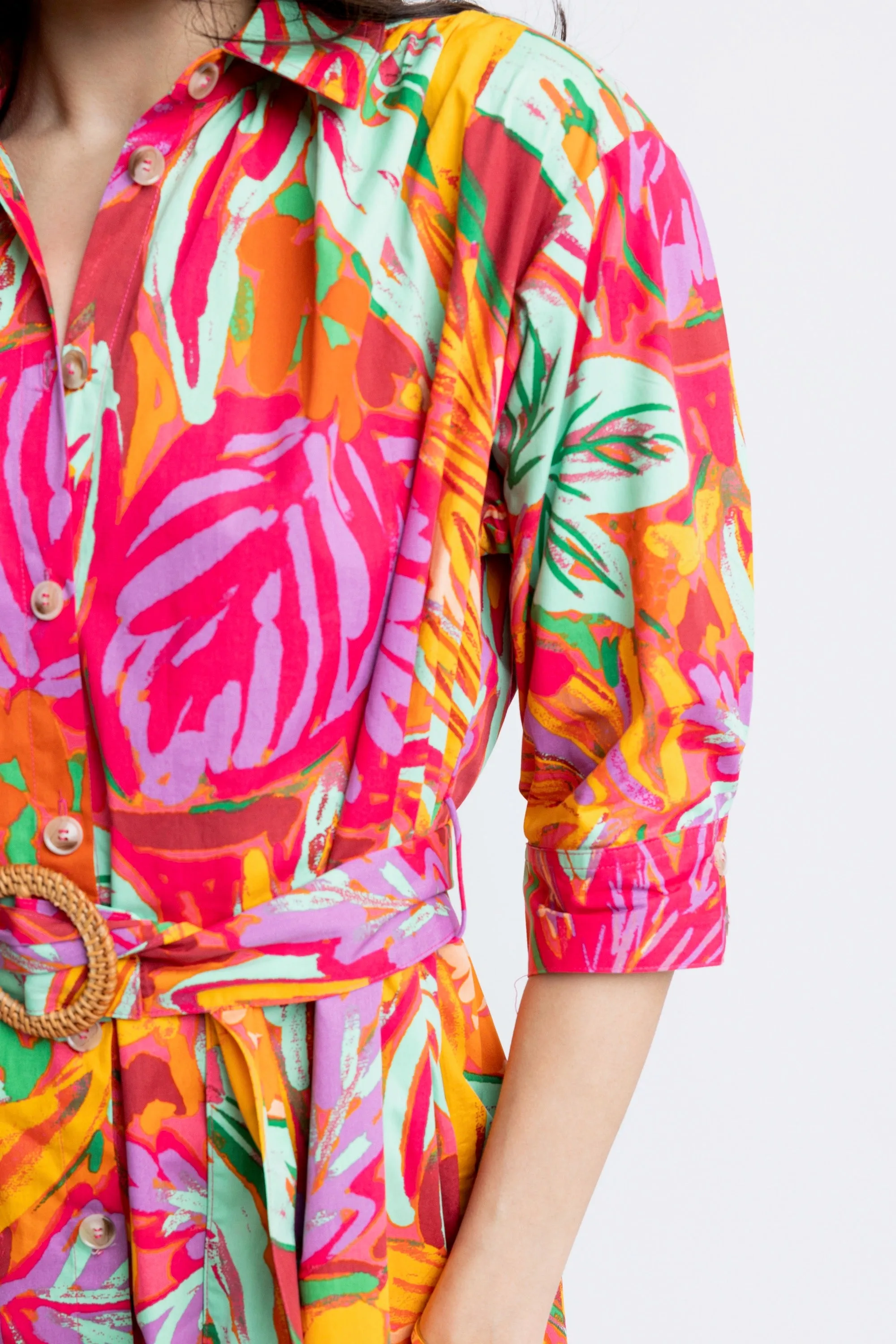 ABSTRACT TROPICAL PALM SHIRT DRESS