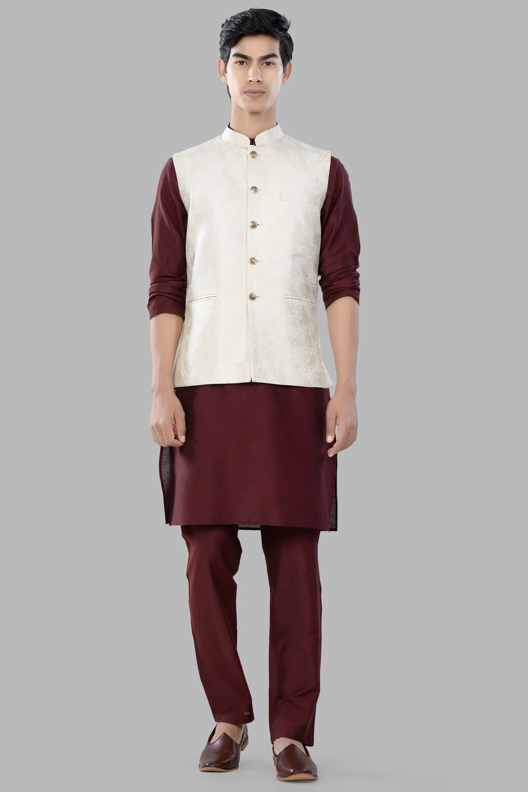 Albescent Cream Trellis Jacquard Textured Designer Nehru Jacket