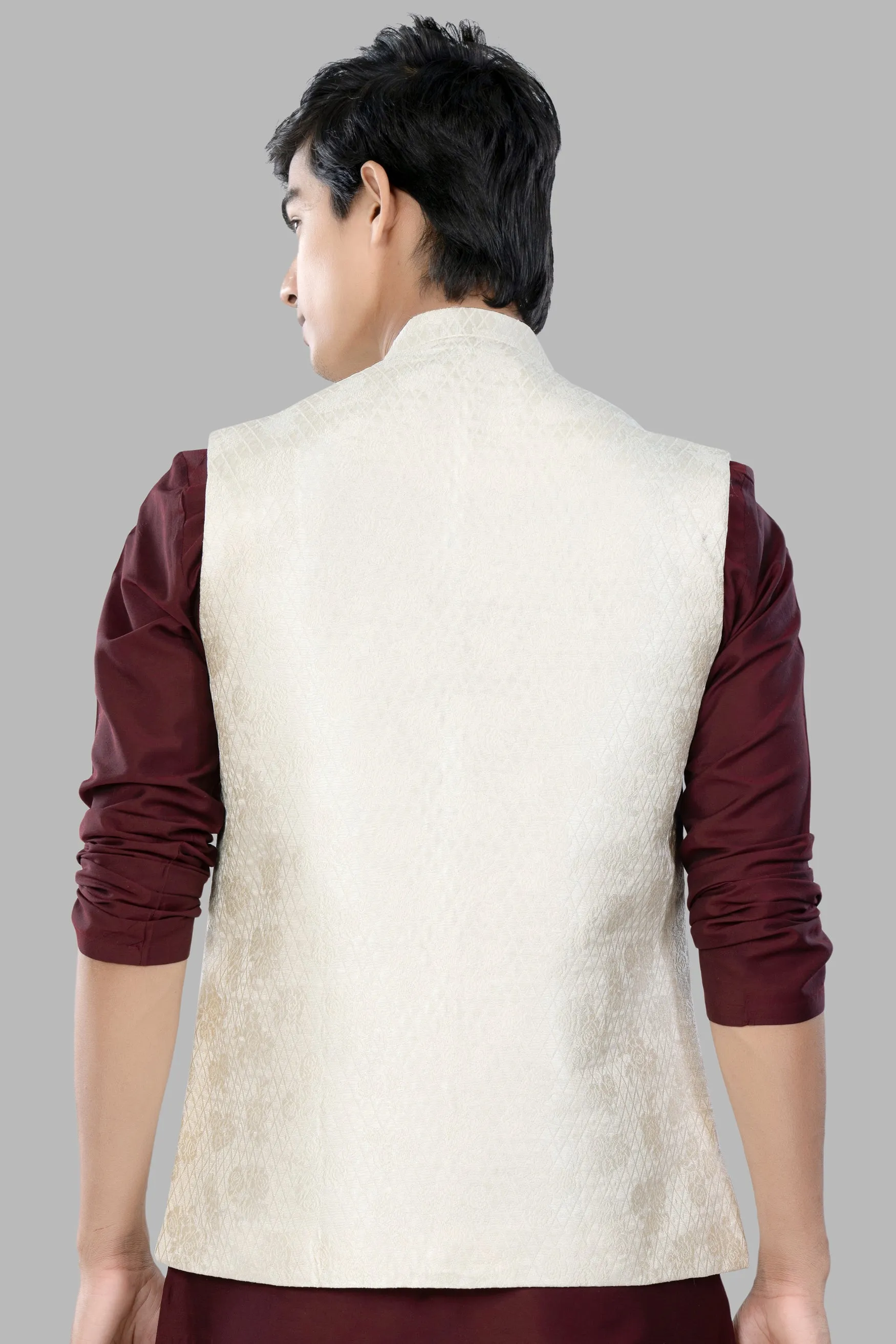 Albescent Cream Trellis Jacquard Textured Designer Nehru Jacket