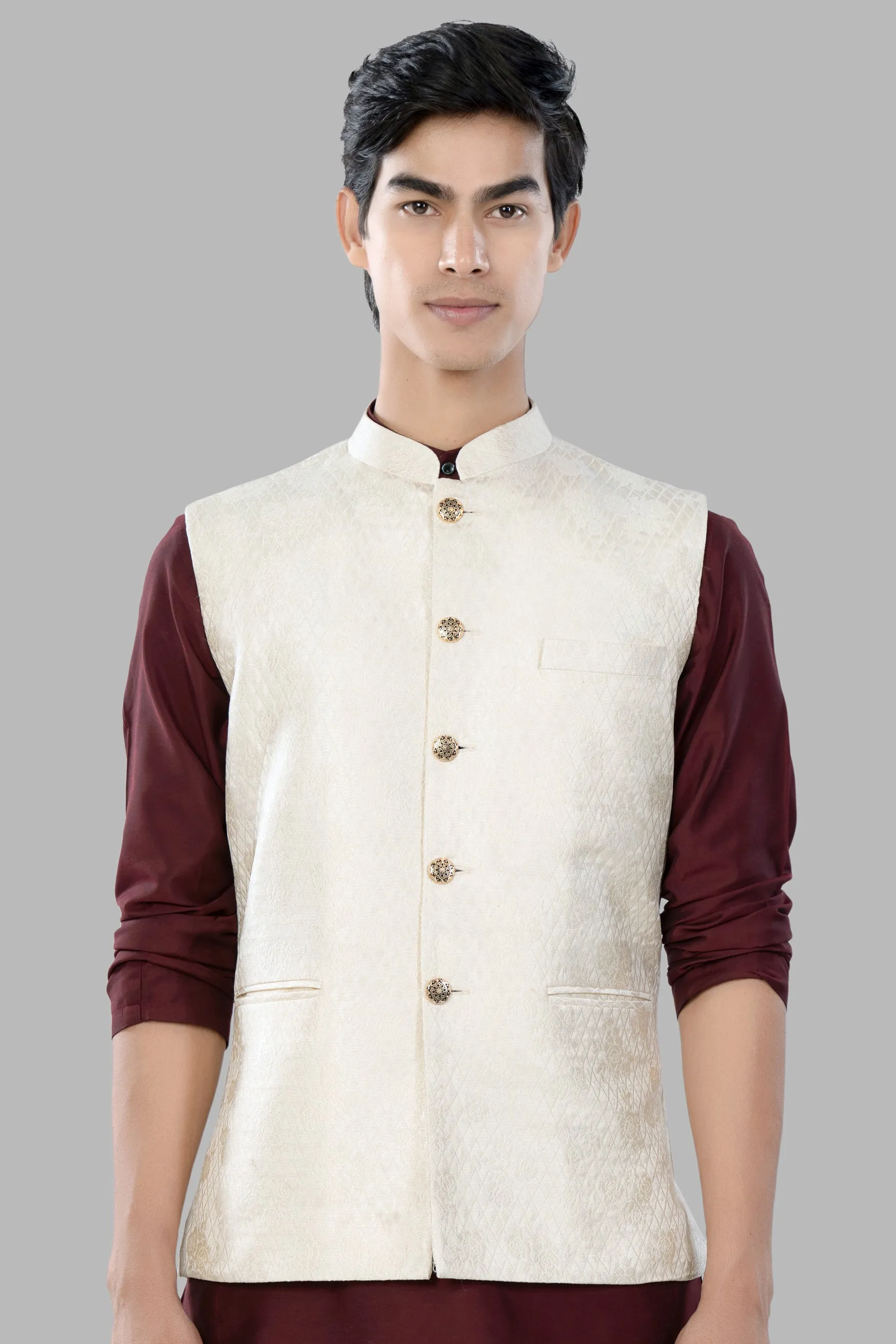 Albescent Cream Trellis Jacquard Textured Designer Nehru Jacket