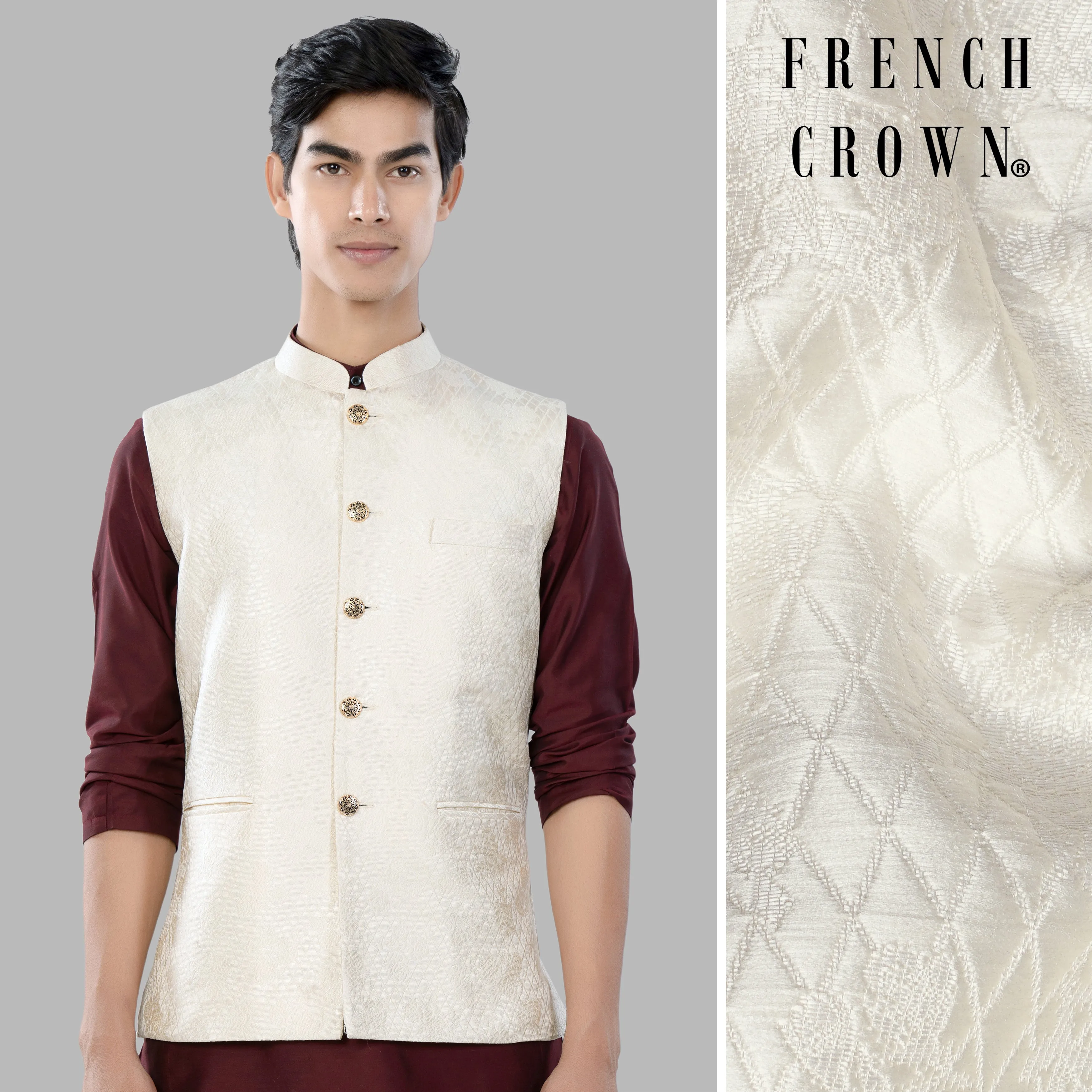 Albescent Cream Trellis Jacquard Textured Designer Nehru Jacket