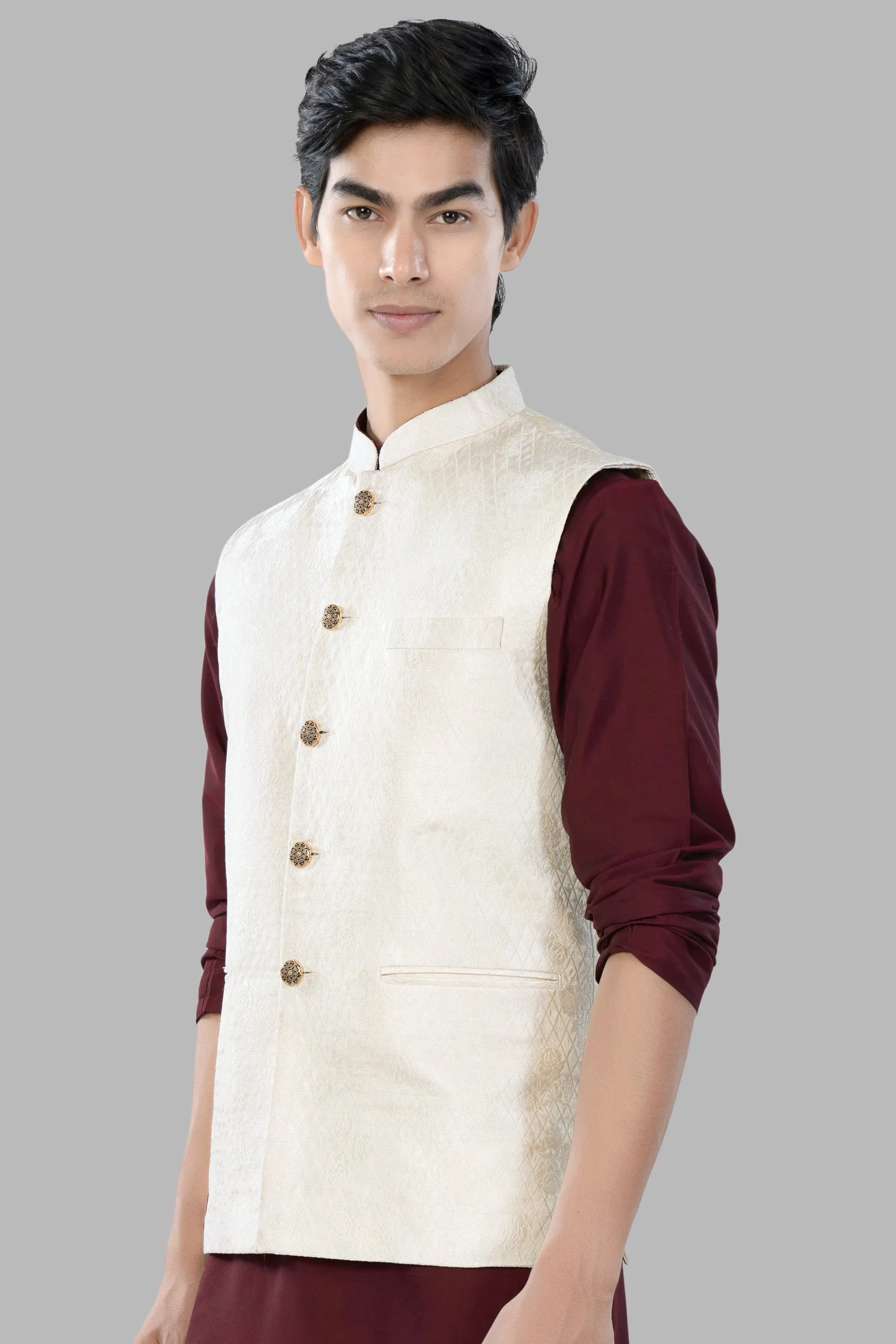 Albescent Cream Trellis Jacquard Textured Designer Nehru Jacket