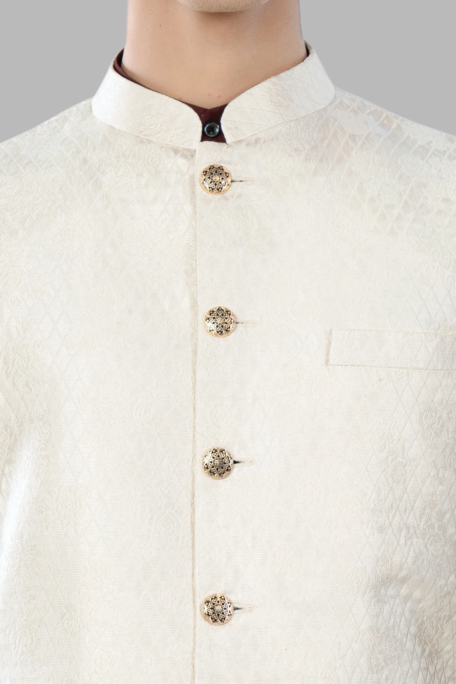 Albescent Cream Trellis Jacquard Textured Designer Nehru Jacket