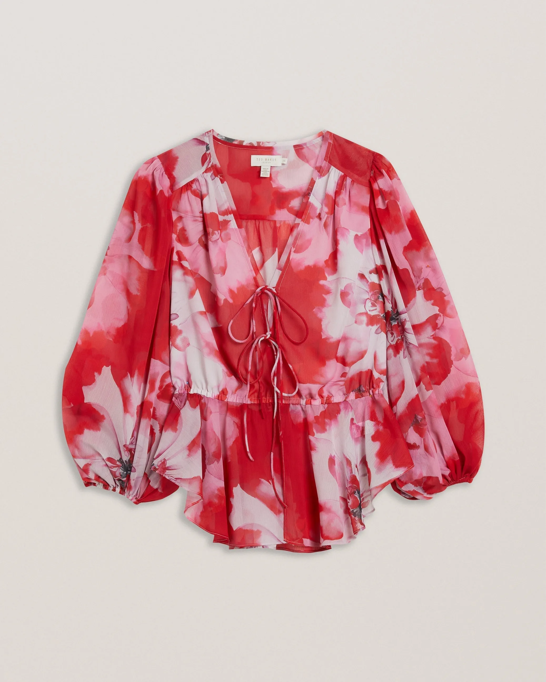 Aleria Printed Tie Front Balloon Sleeve Blouse Red