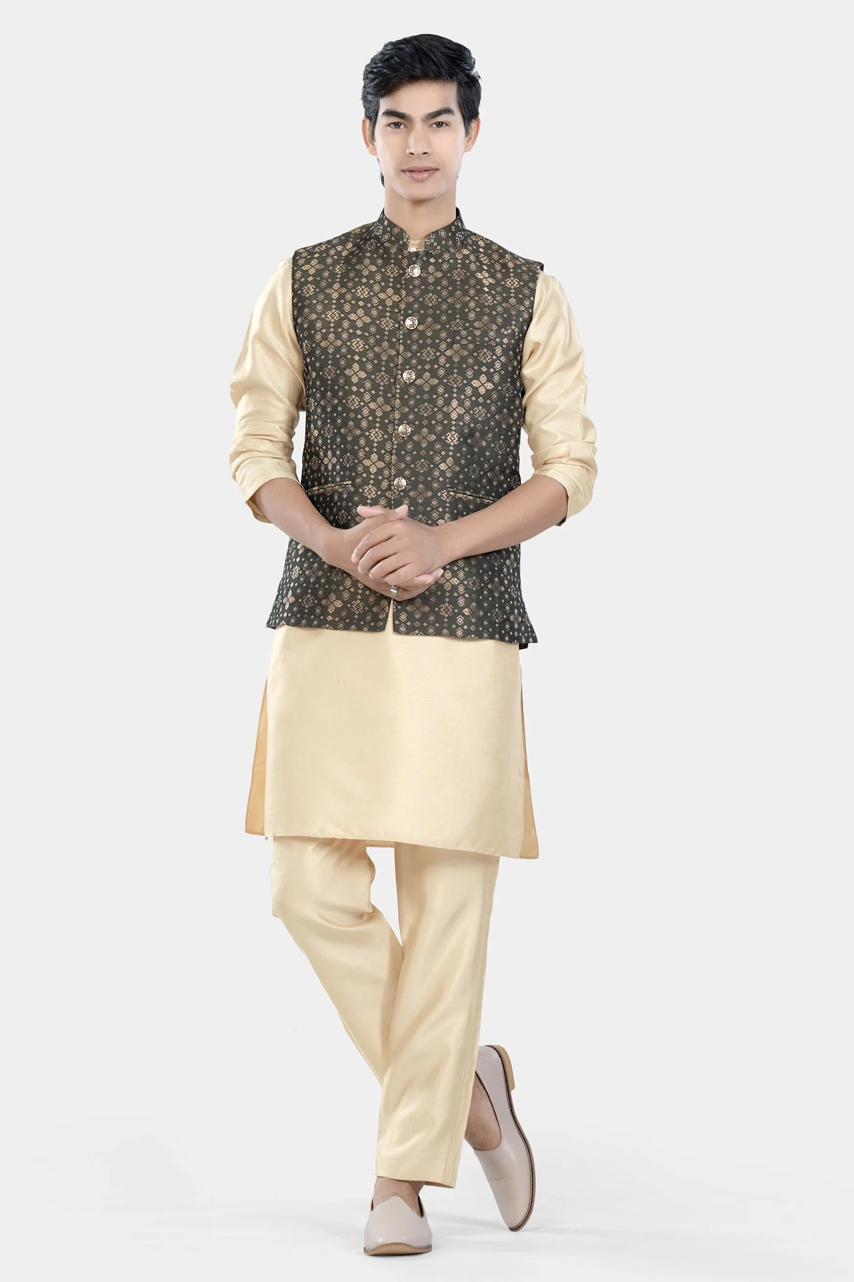 Almond Brown Kurta Set with Fuscous Green and Mongoose Brown Floral Jacquard Textured Designer Nehru Jacket