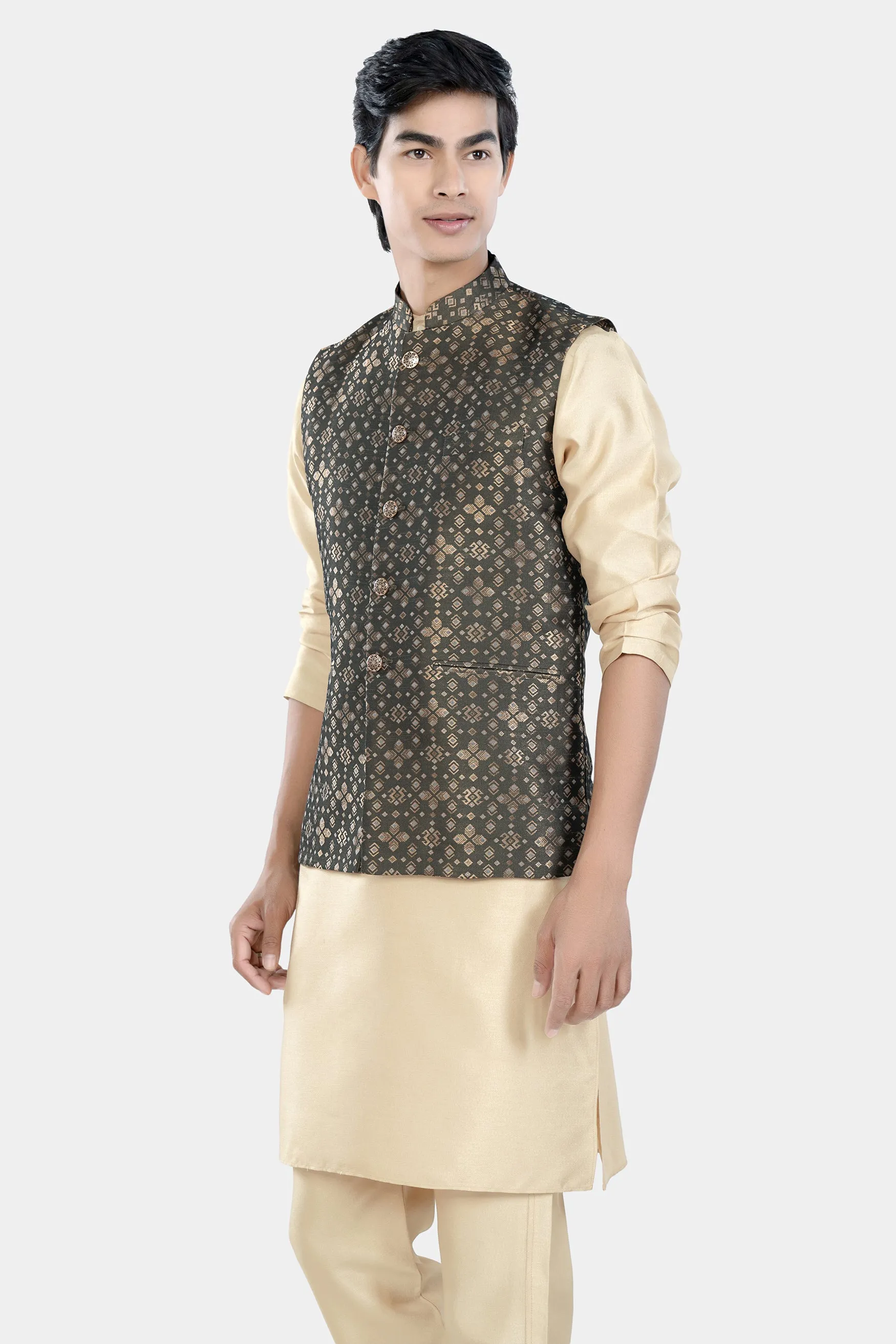 Almond Brown Kurta Set with Fuscous Green and Mongoose Brown Floral Jacquard Textured Designer Nehru Jacket