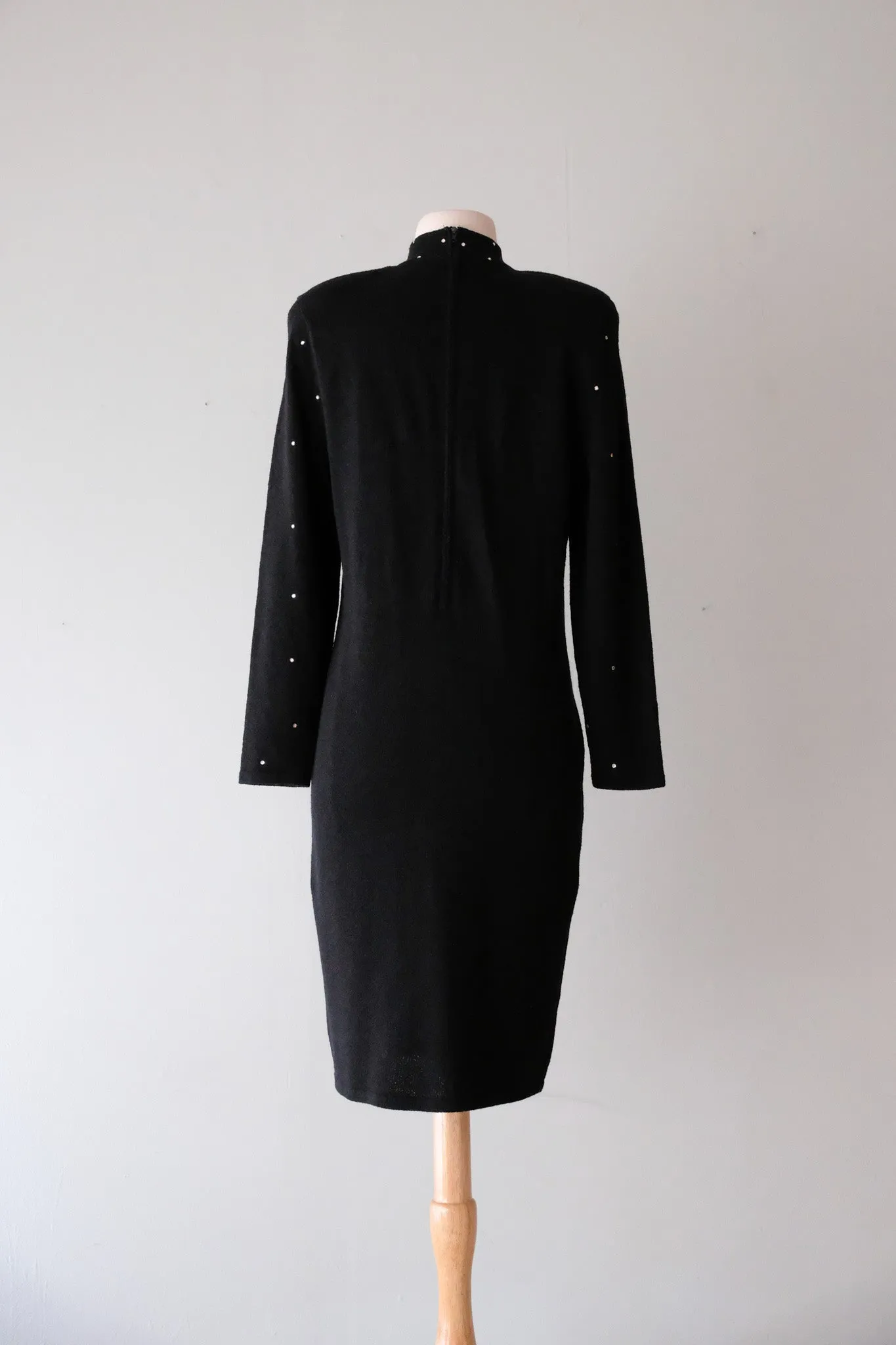 Amazing 1980’s Black Knit Cocktail Dress with Rhinestones / Sz M