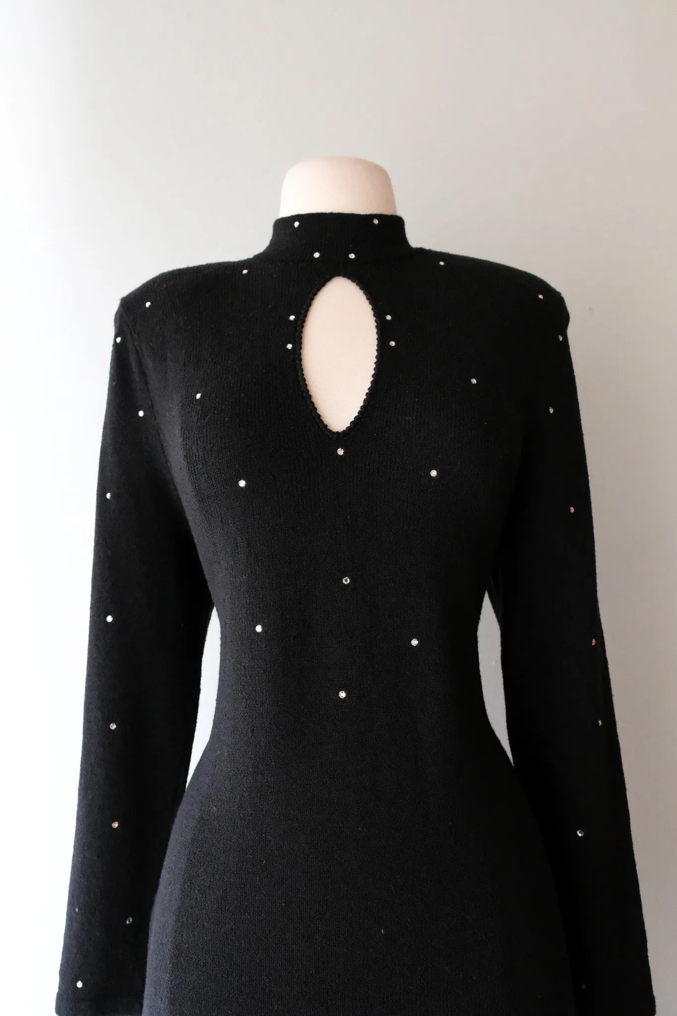 Amazing 1980’s Black Knit Cocktail Dress with Rhinestones / Sz M