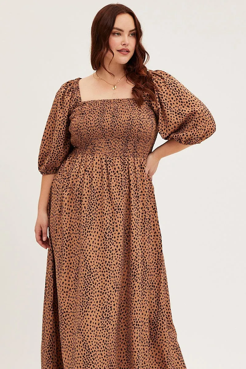 Animal Print Midi Dress Scoop Neck Short Sleeve